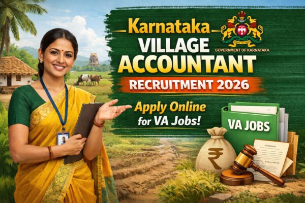 Karnataka Village Accountant Recruitment 2026 thumbnail with Government of Karnataka logo, rural village background, and Apply Online for VA Jobs text.