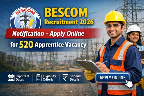 BESCOM Recruitment 2026 notification thumbnail showing apply online for 520 apprentice vacancy with eligibility, dates, and stipend details.