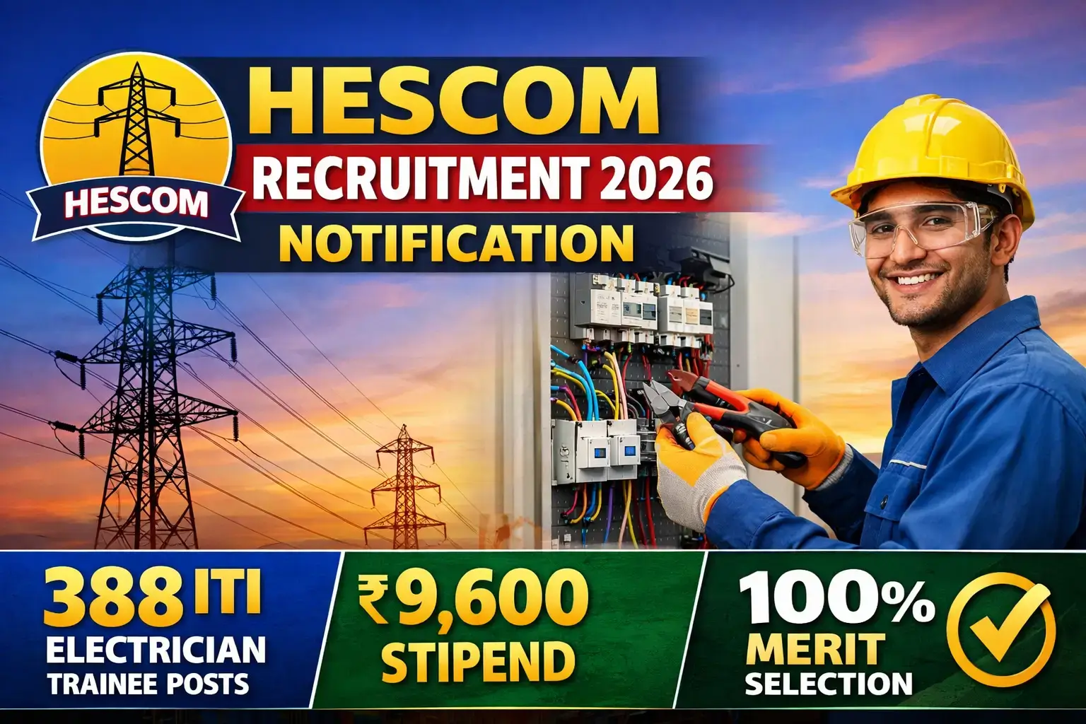 HESCOM Recruitment 2026 Notification for 388 ITI Electrician Trainee Posts with ₹9,600 stipend and 100 percent merit-based selection