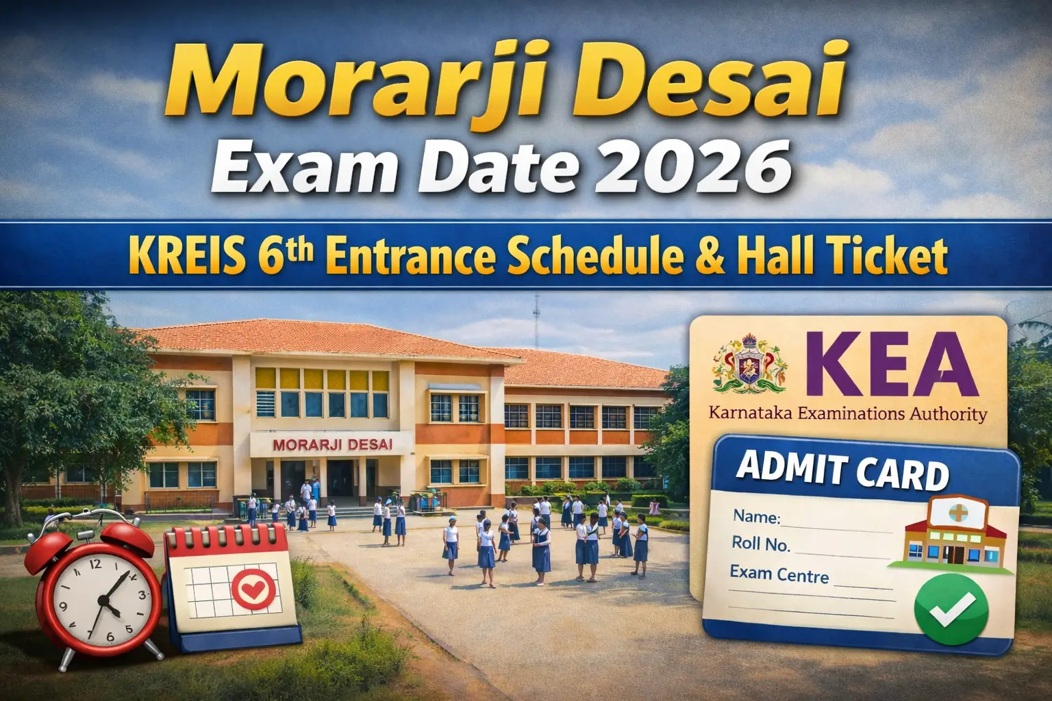 Morarji Desai Exam Date 2026 KREIS 6th Entrance Schedule and Hall Ticket Download with school image and KEA logo