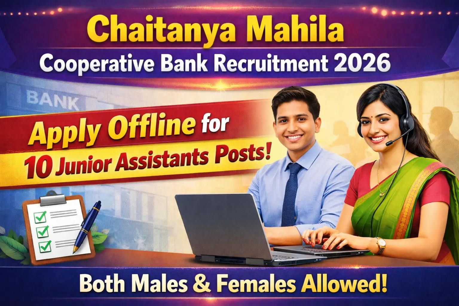 Chaitanya Mahila Cooperative Bank Recruitment 2026 notification banner for 10 Junior Assistant posts with offline application last date 10 March 2026, both males and females allowed.