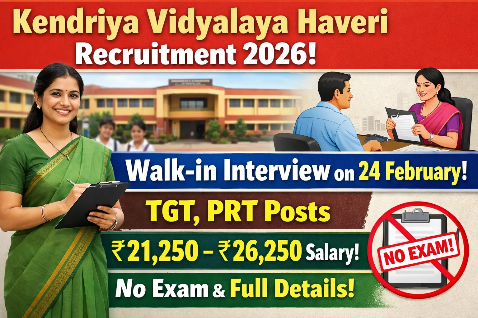 Kendriya Vidyalaya Haveri Recruitment 2026 walk-in interview on 24 February for TGT and PRT posts with ₹21,250–₹26,250 salary and no exam
