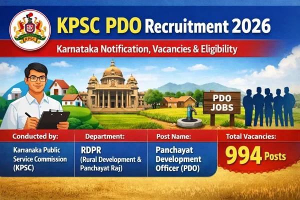 KPSC PDO Recruitment 2026 thumbnail showing Karnataka Notification, 994 vacancies, Panchayat Development Officer post under RDPR Department.