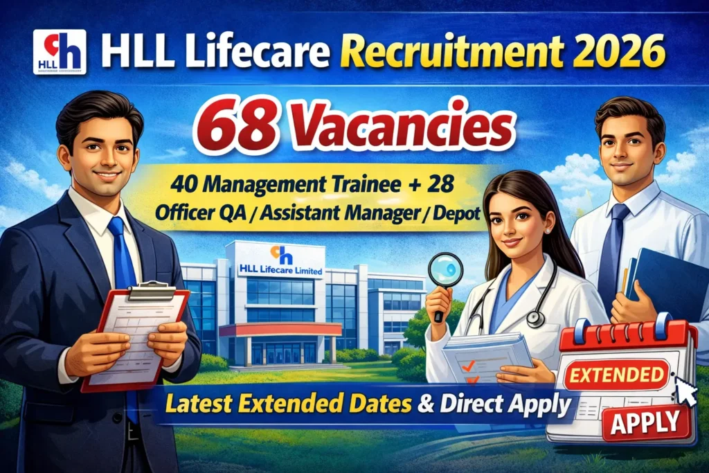 HLL Lifecare Recruitment 2026 notification showing 68 vacancies including 40 Management Trainee and 28 Officer QA Assistant Manager Depot posts with extended dates and direct apply link