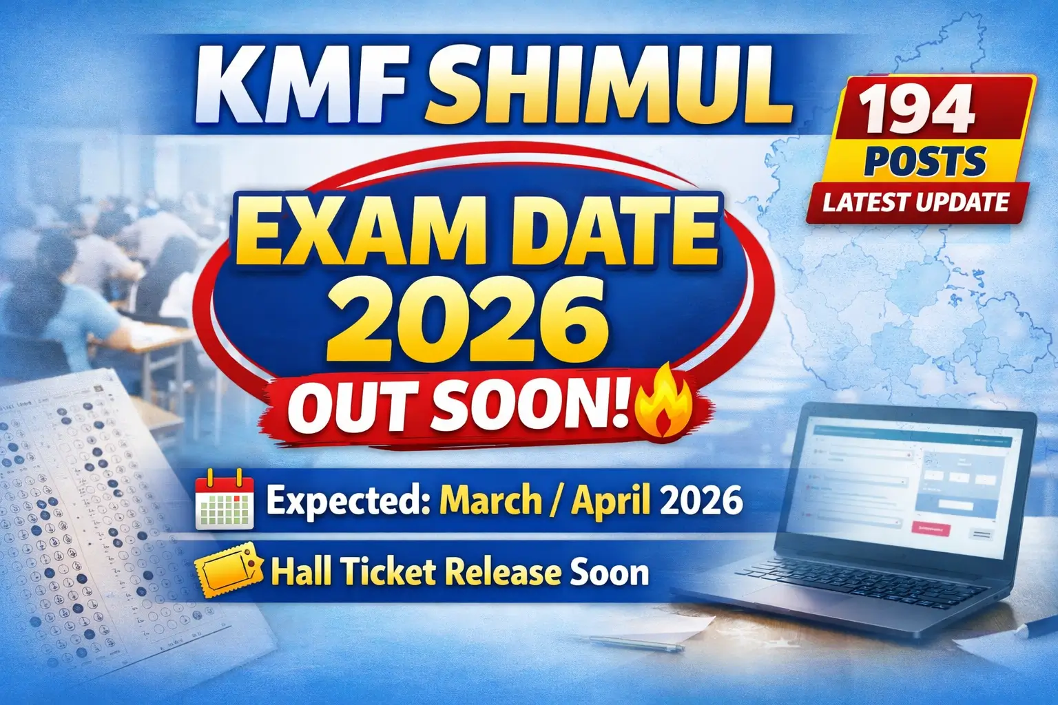 KMF SHIMUL Exam Date 2026 thumbnail showing expected exam schedule March–April 2026, hall ticket release soon, and 194 posts recruitment update