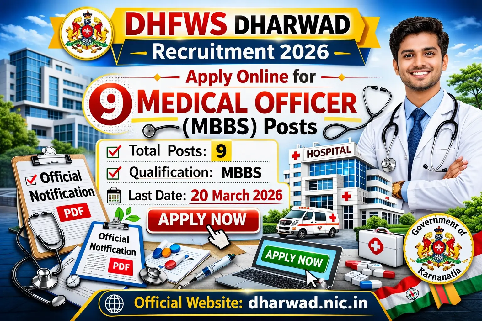 DHFWS Dharwad Recruitment 2026 apply online for 9 Medical Officer MBBS posts last date 20 March 2026 official notification