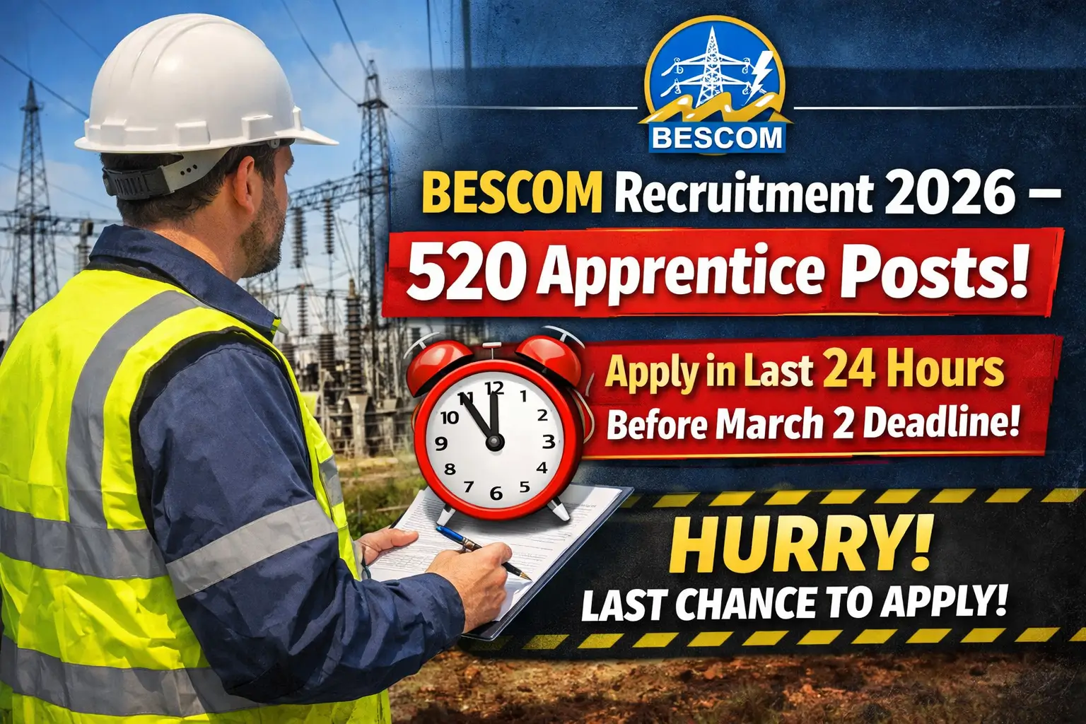 BESCOM Recruitment 2026 banner: Apply for 520 Apprentice posts before the last date tomorrow March 2, 2026 – urgent alert with stipend ₹8000–₹9008 and NATS portal link