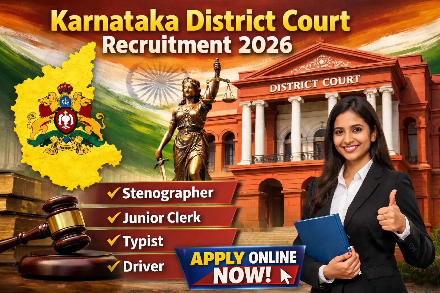 Karnataka District Court Recruitment 2026 apply online for stenographer junior clerk typist driver vacancies latest notification Karnataka jobs