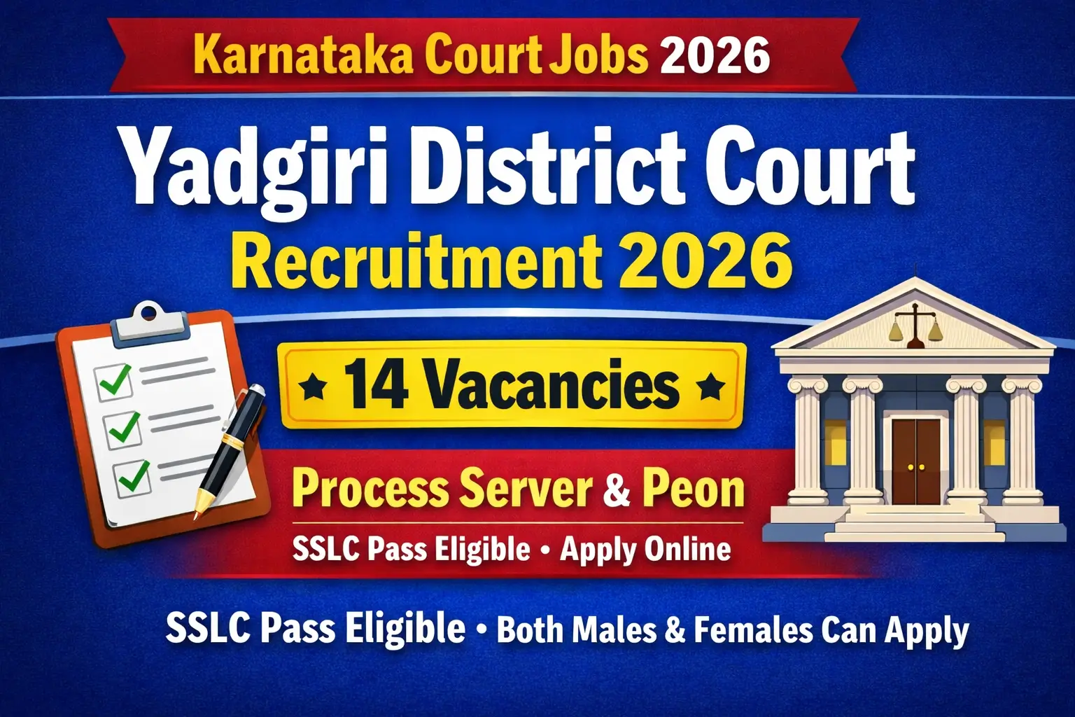 Yadgiri District Court Recruitment 2026 thumbnail showing 14 Process Server and Peon vacancies for SSLC pass candidates