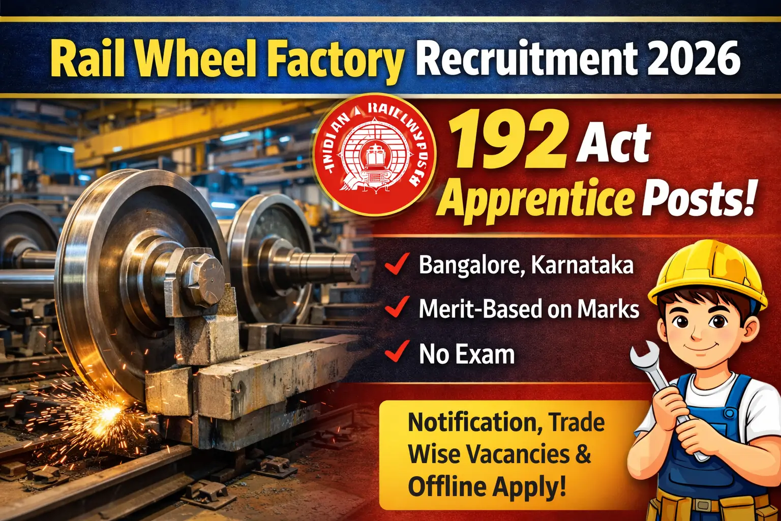 Rail Wheel Factory Recruitment 2026 notification for 192 Act Apprentice posts with trade-wise vacancies and offline application details