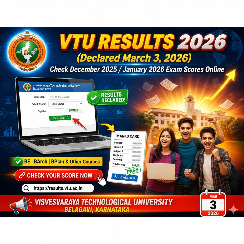 VTU Results 2026 declared March 3 check December 2025 January 2026 semester exam scores online at results.vtu.ac.in