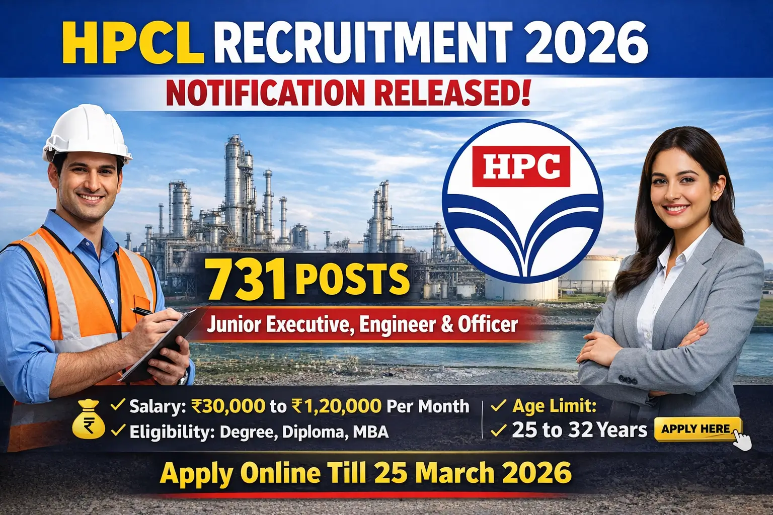 HPCL Recruitment 2026 notification released for 731 Junior Executive, Engineer and Officer posts apply online before 25 March 2026