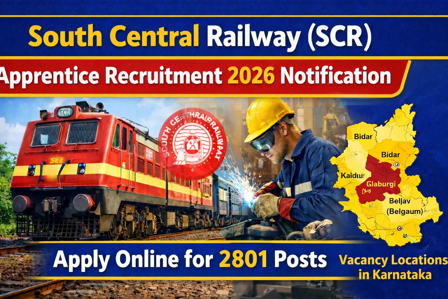 South Central Railway SCR Apprentice Recruitment 2026 – Apply Online for 2801 Posts with highlighted eligible districts in Karnataka.
