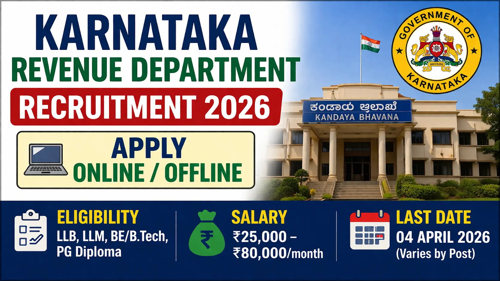 Karnataka Revenue Department Recruitment 2026 apply online offline Kandaya vacancy eligibility salary last date